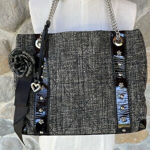 Tweed Brighton Josette Tote in black & white with flower & black patent leather